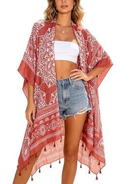Boho Kimono Cover Up Red White Mandala Print Tassel Trim Open Front Beach Cardig